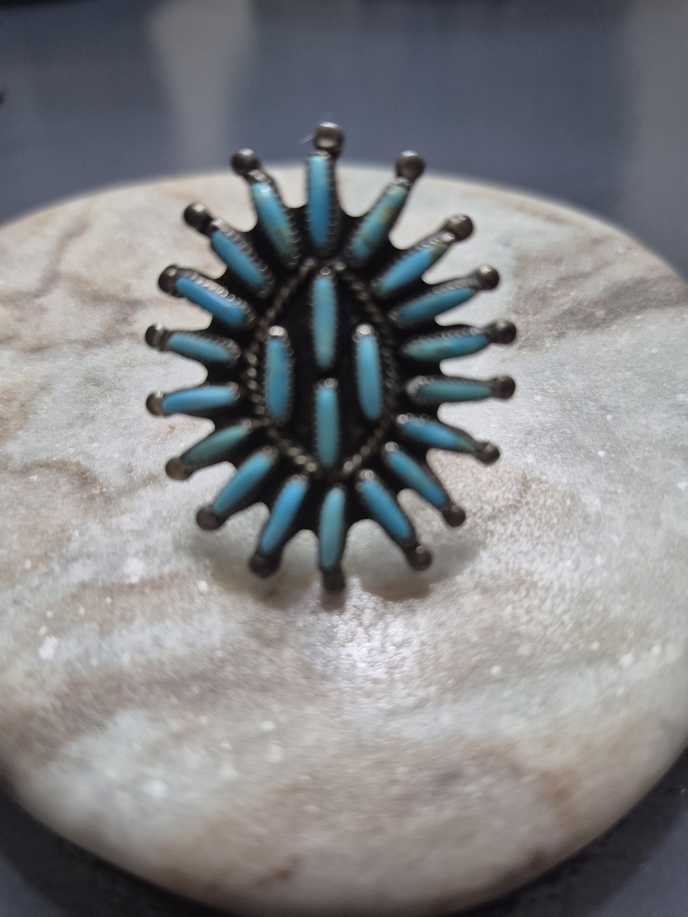Vintage S.M. Bahe Navajo Sterling Silver Turquoise Needlepoint Cluster Ring